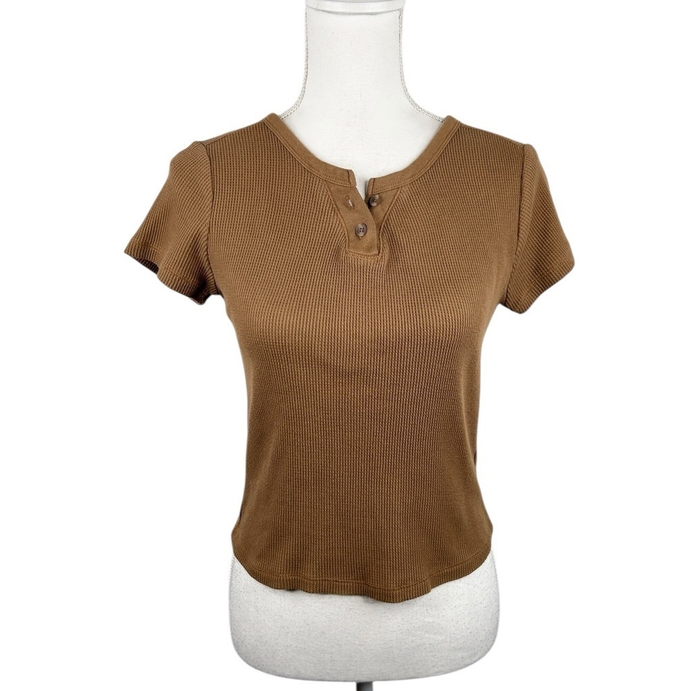 a.n.a. Y2K 90's‎ Chocolate Brown Henley Short Sleeve Thermal Crop Top Size Small